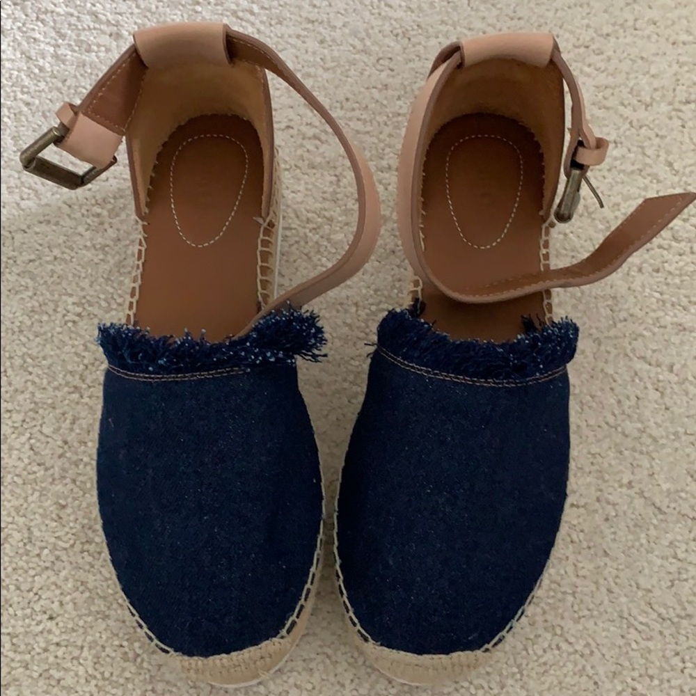 See By Chloé Navy Denim Espadrille Wedge with Tan Ankle Strap